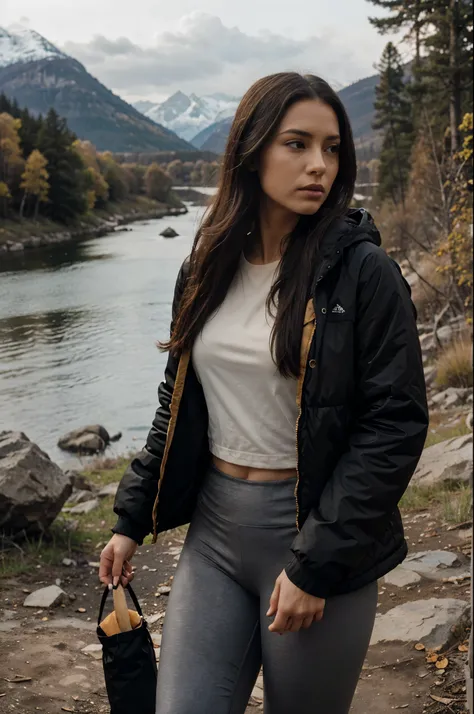 hyper-realistic photo of woman, (wearing black cotton leggings, ocher down jacket, closed) (silky, loose hair) (skin texture), mountains, nature, trees , rocks, river, current, smoke, campfire (camping inspiration) analog quality, best shadow, film grain, ...