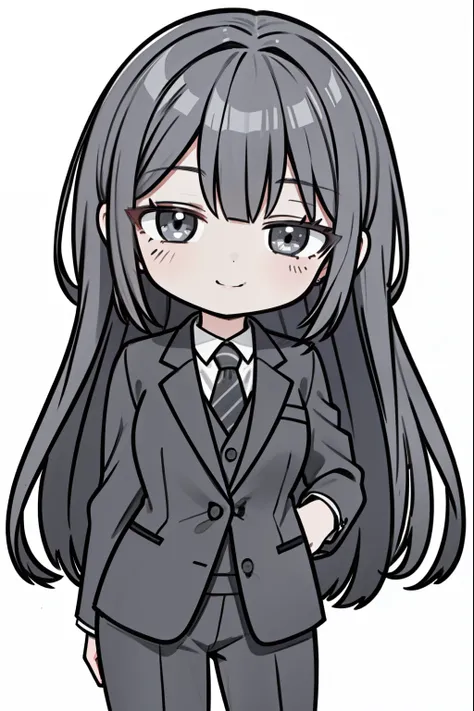 master piece, best quality, high resolution / hires, ultra-detailed, illustration, from front, cowboy shot, looking at viewer, (chibi character:1.2), (1woman:1.2), long hair, dark grey hair, dark grey eyes, dark grey business suit, ((simple white backgroun...