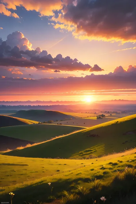 sunrise，horizontal line，grassland