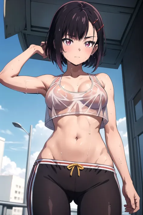 (masterpiece, best quality),intricate details, 8k, uhd, perfect skin, detailed eyes, shizukazom100, 1girl, solo, a photo of anime girl wearing g string pantes,((yellow g string)),short hair, dark purple hair , bangs, hair ornament, hairclip, pink eyes, whi...