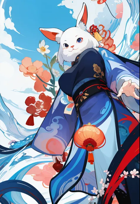 (Chinese aesthetics:1.5),Psychedelic， (view from below:1.2)，rabbit，personification，big color block，White，blue, Upper body, There are flowers,