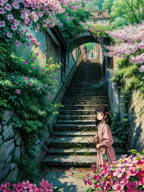 painting of a set of stairs covered in pink flowers, blossoming path to heaven, bougainvillea, old stone steps, stairways, leading to a beautiful, stone steps, stairway, stairway to heaven, outdoor staircase, staircases, stone stairway, steps leading down,...