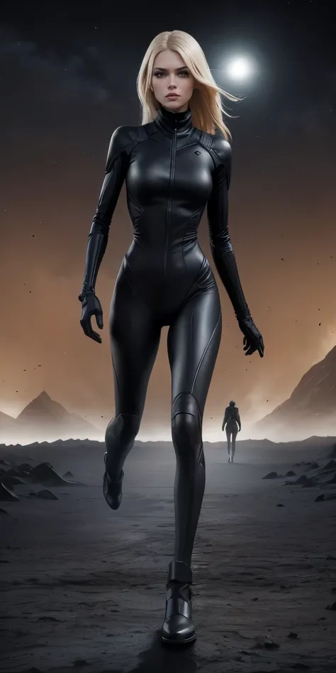 on a dark black planet a tall thin blonde woman in black body suite walks toward camera, all around her is darkness full body shot, dynamic walk, determined expression, determined, outside planet background, alien planet, no buildings, exterior weather sho...