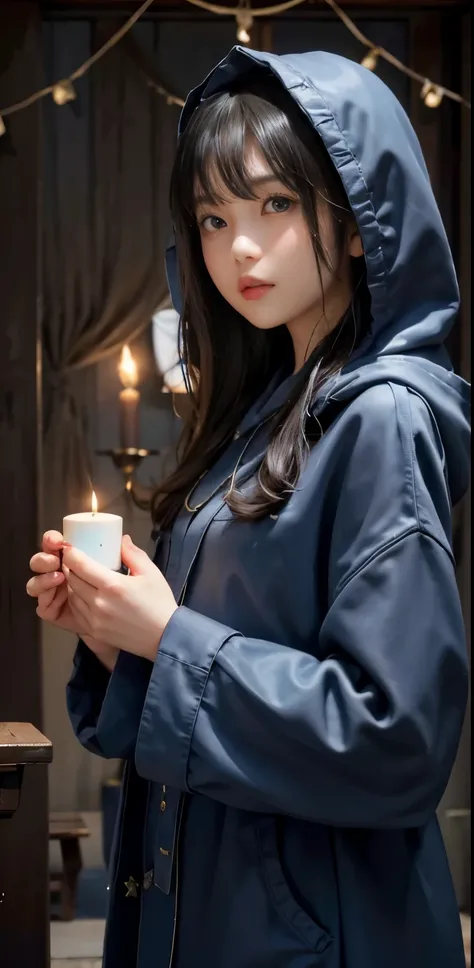 masterpiece, 1 beautiful girl, puffy eyes, highest quality, 超High resolution, (reality: 1.4), original photo, 1 girl, Small lips and pouty lower lip, Japan, asian beauty,  super beautiful, beautiful skin,doing card fortune telling，candle light in a dark ro...