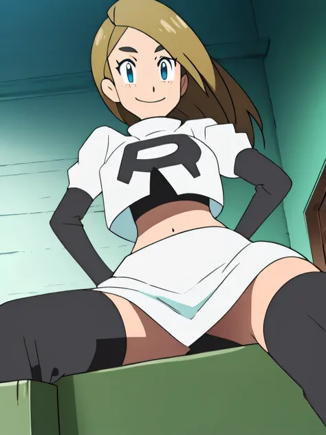 team rocket uniform, red letter r, white skirt,white crop top,black thigh-high boots, black elbow gloves, evil smile, looking down at viewer, hands on hips, spread legs, from below, black panties
