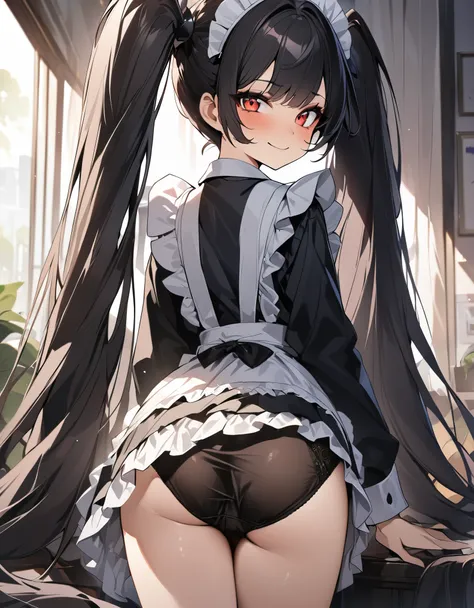 masterpiece、Highest image quality、ultra high resolution、teen with 、black hair、Maid、from behinde, 1 girl, red face, red eyes, black panties, panties aside, twintails, smile, very long hair