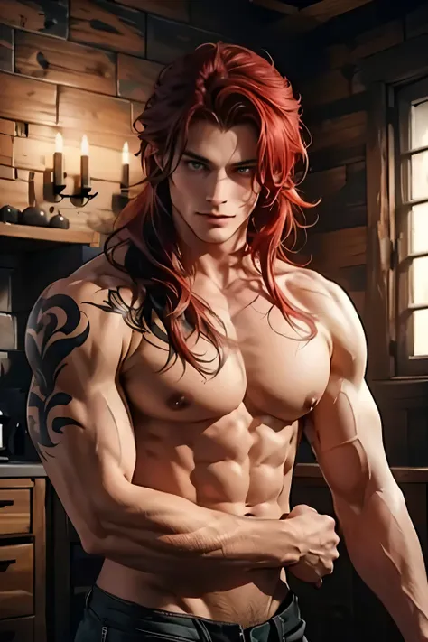 ((Best quality)), ((masterpiece)), 8k (detailed), ((perfect face)), ((halfbody)) perfect proporcions, He is a handsome man, he is 25 years old, he has red hair, he has green eyes, his hair is long and wavy, bare chest, bare arms, strong arms, he has a lion...