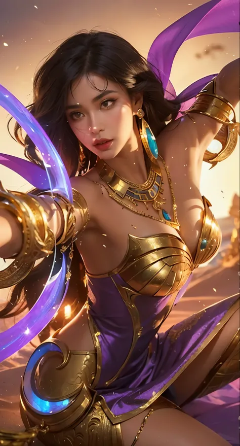 (best quality,4k,8k,highres,masterpiece:1.2),ultra-detailed,(realistic,photorealistic,photo-realistic:1.37),vibrant colors,beautiful detailed eyes,golden eyes,a woman in a purple dress,stunning black hair,brown skin,Egyptian beauty,ancient Egypt vibes,powe...