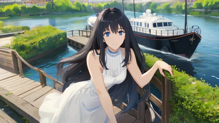 mature woman、black long hair、perm from the shoulders down、blue eyes、beautiful eyes、smile、small bust、white dress、canal boat ride、