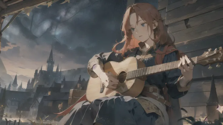 layered textures,middle ages,fantasy,female bard,redhead,long hair,playing acoustic guitar,night,starry sky