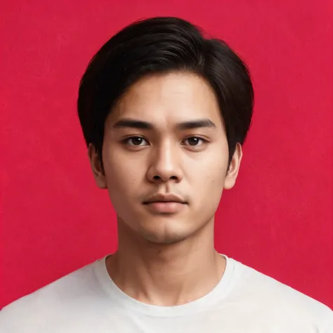 Photorealistic passport photo, 25-year-old Indonesian man with a thin, fat body, wearing a neat plain white shirt, behind a blank man. Plain bright red background color, blank background, empty background, no passport book, very realistic, front view. Very...