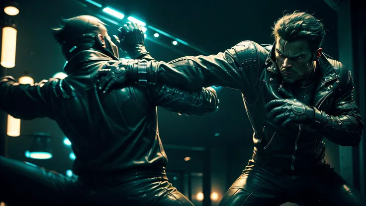 best quality, ultra high resolution，masterpiece, （lifelike，close up）In the office at night，A man wearing a black leather jacket，Fighting a man in a suit