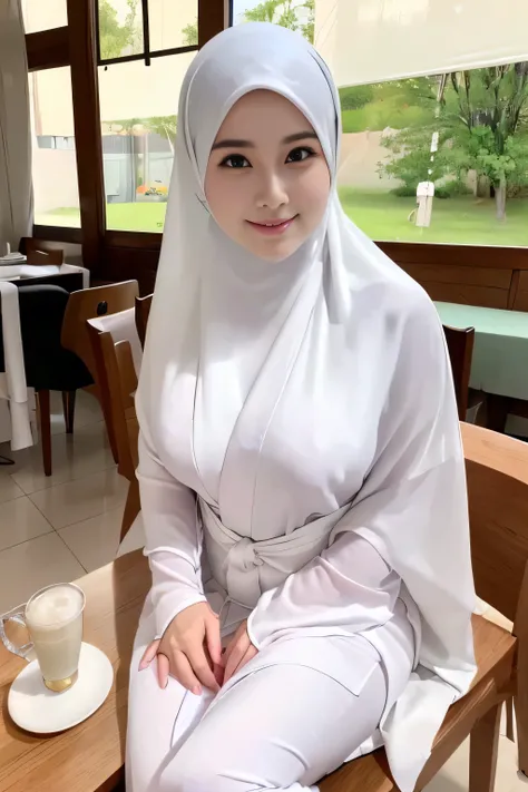 ((Marian rivera)), (8K, best quality:1.2), ((sitting on chair at cafe)), beautiful Smile, seduced smile,  White skin, shiny skin, (( breast:1.5)), (masterpiece:1.37), (photo, photorealistic:1.37), (ultrahigh-res),Full Body, view from back, slow motion, (in...