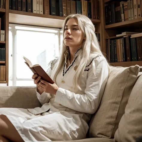 Fierce prince with long white hair, sitting on a library sofa, reading a book, looks up with interest.