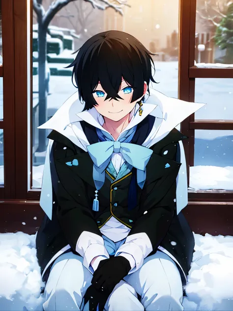 1boy,vanitas no carte,sit,sit facing right,smile,looking away,at the north pole, snow storm,half body photo