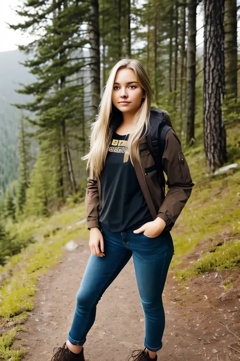 1girl in, age19, Solo, Long hair, blondehair, Brown eyes, jewely, Full body, hiking adventures, Realistic, A sexy
