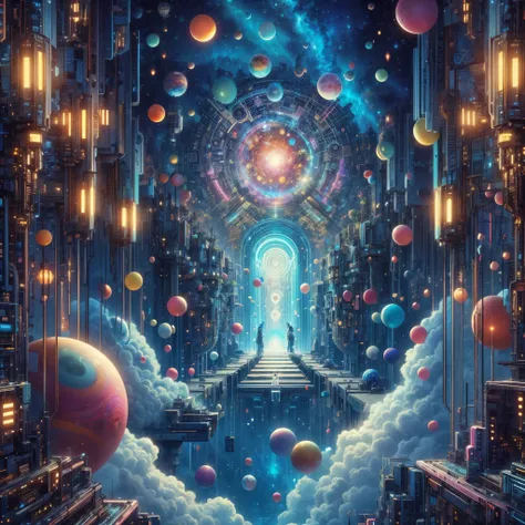 a painting of a futuristic city with a giant doorway and many colorful balls, greg beeple, beeple masterpiece, by Beeple, style hybrid mix of beeple, doors that are cosmic portals, beeple artwork, by Mike "Beeple" Winkelmann, 4k highly detailed digital art