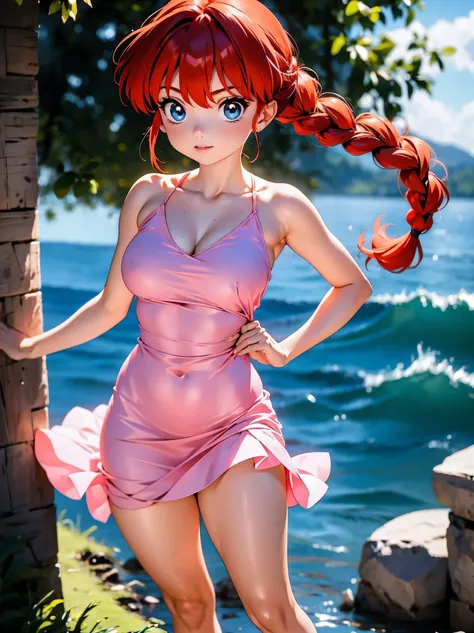 Garota anime ruiva com vestido longo pink com desenho de rosas casamento, saia, 16 anos, corpo bonito, seios grandes, with hands behind head, running your hands through your hair, Garota sexy, red hair with braid , beautiful lighting, sombras suaves, olhos...