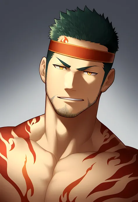 anime characters：Guy, Priapus, 1 young muscular man, male focus, Flame tattoo, Sport red headband, The body is covered with golden-red scales, muscular male, muscular, only, Upper body, alone, short black hair, thick eyebrows, stubble, yellow eyes, White b...