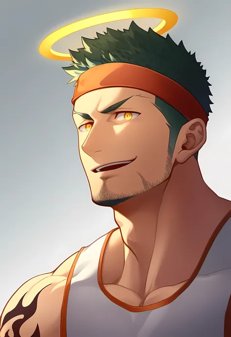 anime characters：Guy, Priapus, 1 young muscular man, male focus, Flame tattoo, Sport red headband, Cream spandex tight tank top, muscular male, muscular, only, Upper body, alone, short black hair, thick eyebrows, stubble, yellow eyes, White background, sim...