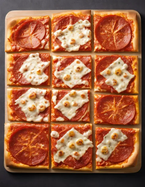 a photo of a square-shaped pizza, chunks, high resolution, beautiful, highest quality, masterpiece, highly detailed, high satura...