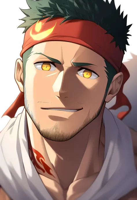 anime characters：Guy, Priapus, 1 muscular man god, Flame tattoo, Sport red headband, Cream spandex tight tank top, muscular male, muscular, only, Upper body, alone, short black hair, thick eyebrows, stubble, yellow eyes, White background, simple background...