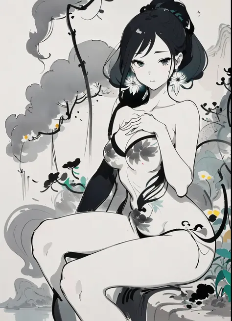 An elegant and abstract female figure depicted with a minimalist and ethereal style. She has a stylized silhouette with flowing lines and a monochrome color palette, primarily black and white with touches of sepia. Her face is serene with simple, delicate ...