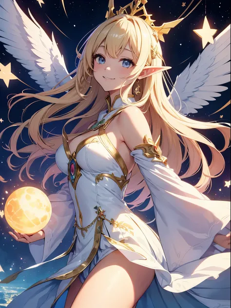 highest quality、Highest image quality、masterpiece、dynamic angle、bold composition、Angle seen from the side、Composition seen from the side、3 meter giant wings、flap your white wings、violently、強くuniverseに飛び立つ、beautiful profile、Titania、Super beautiful elf beaut...