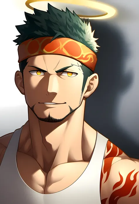 anime characters：Guy, Priapus, 1 muscular man god, Flame tattoo, Sport red headband, Cream spandex tight tank top, muscular male, muscular, only, Upper body, alone, short black hair, thick eyebrows, stubble, yellow eyes, White background, simple background...