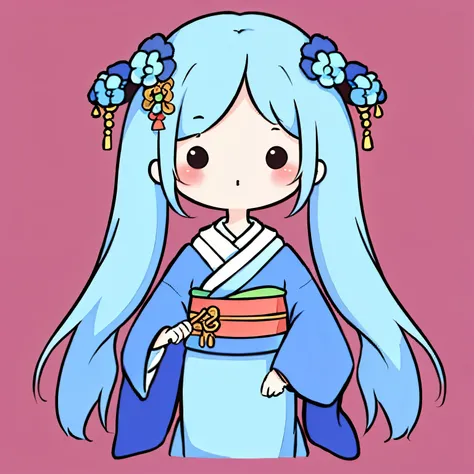 masterpiece, Emperors wife in the Chinese court, elegant and gorgeous kimono and decorations, blue hair, blue kimono, exposed chest, background monochromatic pastel colors, lots of question marks, chibi avatar, c1b1, black eyes