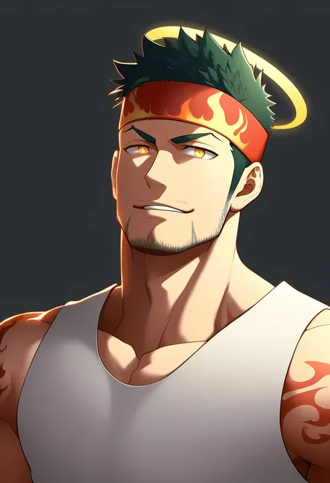 anime characters：Guy, Priapus, 1 muscular man god, Flame tattoo, Sport red headband, Cream spandex tight tank top, muscular male, muscular, only, Upper body, alone, short black hair, thick eyebrows, stubble, yellow eyes, White background, simple background...