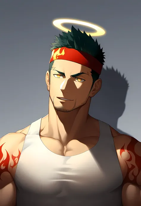 anime characters：Guy, Priapus, 1 muscular man god, Flame tattoo, Sport red headband, Cream spandex tight tank top, muscular male, muscular, only, Upper body, alone, short black hair, thick eyebrows, stubble, yellow eyes, White background, simple background...