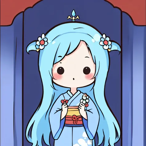 masterpiece, Emperors wife in the Chinese court, elegant and gorgeous kimono and decorations, blue hair, blue kimono, exposed chest, background monochromatic pastel colors, lots of question marks, chibi avatar, c1b1, black eyes