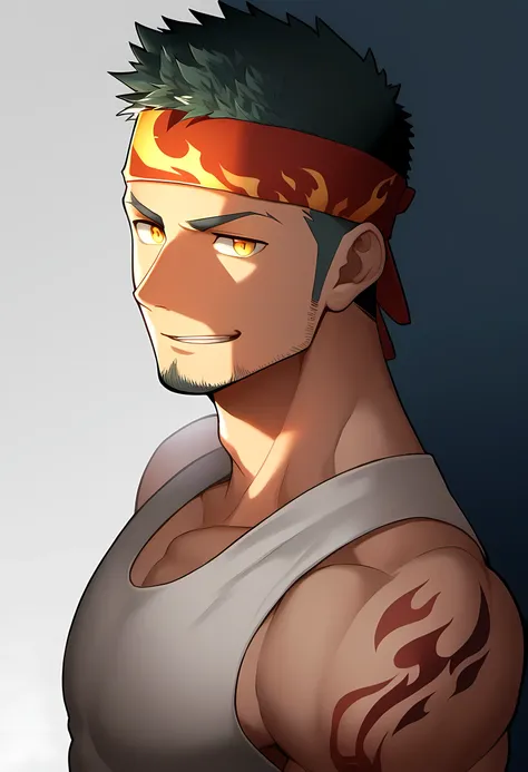 anime characters：Guy, Priapus, 1 muscular man god, Flame tattoo, Sport red headband, Cream spandex tight tank top, muscular male, muscular, only, Upper body, alone, short black hair, thick eyebrows, stubble, yellow eyes, White background, simple background...