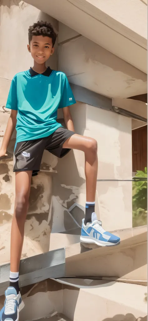 A 14-year-old teenager，light brown skin，big eyes，short hair，Wearing blue sports shorts，Green short-sleeved top，wear black socks，Blue sneakers，The legs are very thin，There are no muscle lines