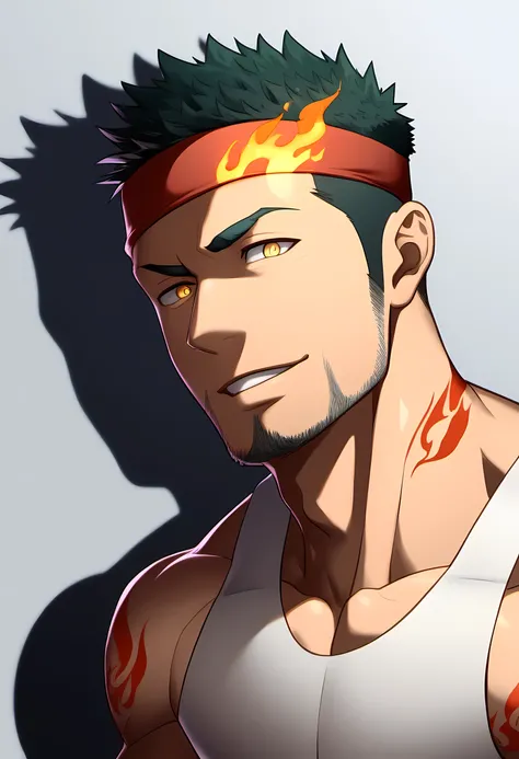 anime characters：Guy, Priapus, 1 muscular man god, Flame tattoo, Sport red headband, Cream spandex tight tank top, muscular male, muscular, only, Upper body, alone, short black hair, thick eyebrows, stubble, yellow eyes, White background, simple background...