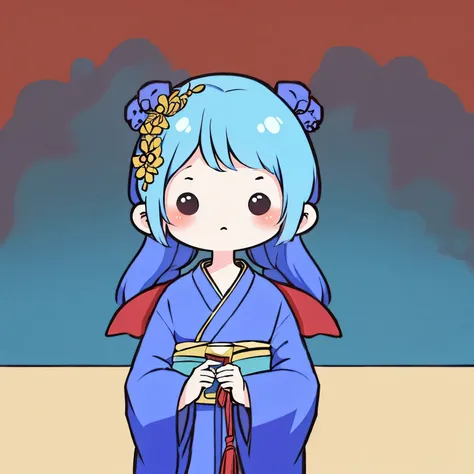 masterpiece, Emperors wife in the Chinese court, elegant and gorgeous kimono and decorations, blue hair, blue kimono, exposed chest, background monochromatic pastel colors, lots of question marks, chibi avatar, c1b1, black eyes