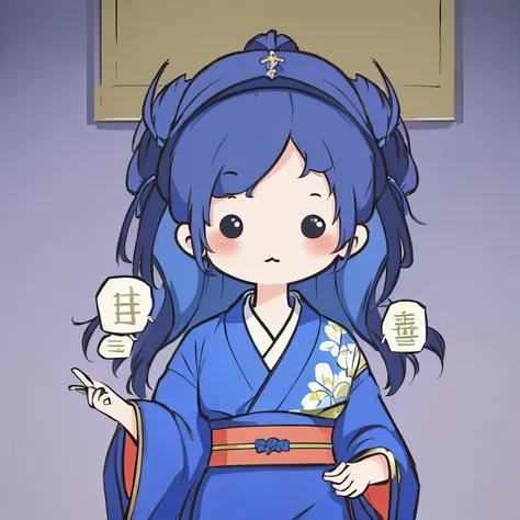 masterpiece, Emperors wife in the Chinese court, elegant and gorgeous kimono and decorations, blue hair, blue kimono, exposed chest, background monochromatic pastel colors, lots of question marks, chibi avatar, c1b1, black eyes