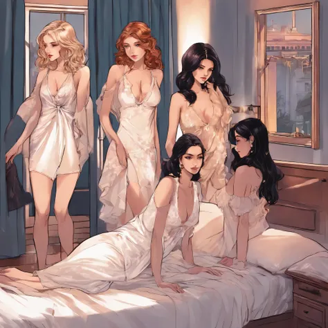 Cinq filles en robe de nuit en 2024 dessin style manga sexy dans une chambre de nuit, blotties les une contre les autres sur un lit