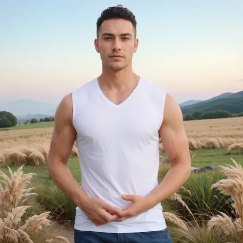 (the background is blue sky and white clouds, distant mountains, grassland, breeze)，(((a man with short curly hair)))