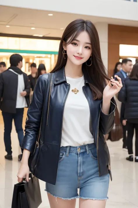 In the bustling Yifang City shopping center, located in the heart of Baoan, Shenzhen, a captivating girl with an uncanny resemblance to Dilireba grabs the attention of the crowd. Dressed in a trendy blue shirt, matched with a brown leather jacket, and ligh...