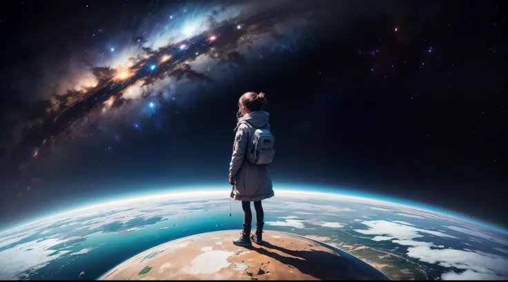 A girl stands on the edge of a spectacular space station, Looking down at the curved surface of the earth, dazzling stars of the milky way々but、Draw a majestic panoramic view in the background。, Fusing the grandeur of the universe with human existence.