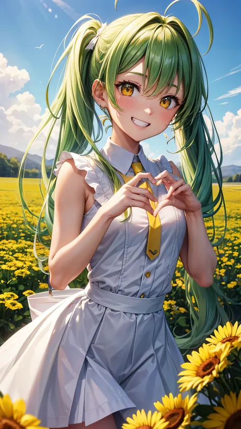 perfect anatomy, masterpiece:1.4, best quality, 8k, beautiful detailed grow, daydreaming expression, upper body ((Heart hands)) ((lovely smile, toothy grin)) (solo ponytail green hair long hair divine girl, 14 yo, cute yellow eyes), break, in a white sprin...