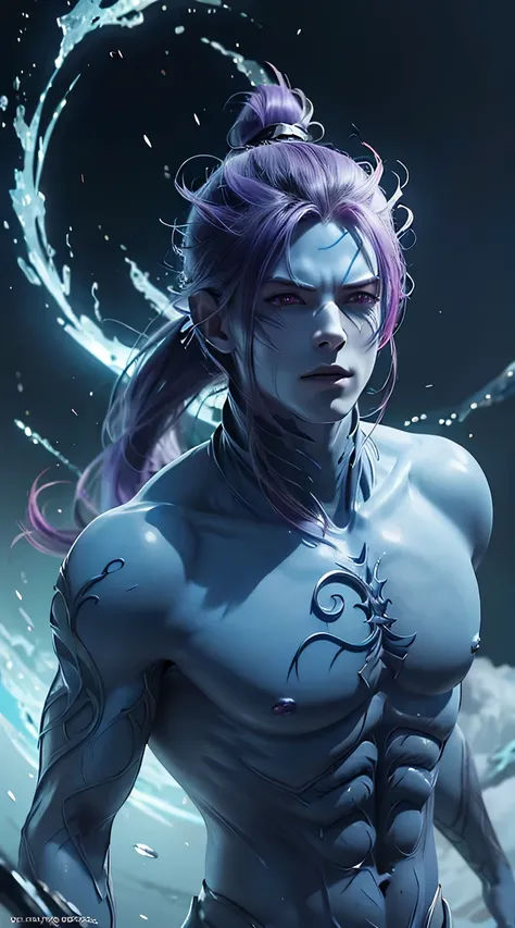 Anime character with purple hair, long ponytail, pointy ears and glowing eyes in front of dark background, handsome guy face masked in demon slayer art, epic fantasy art style, badass anime 8 k, epic fantasy digital art style, detailed digital anime art, h...