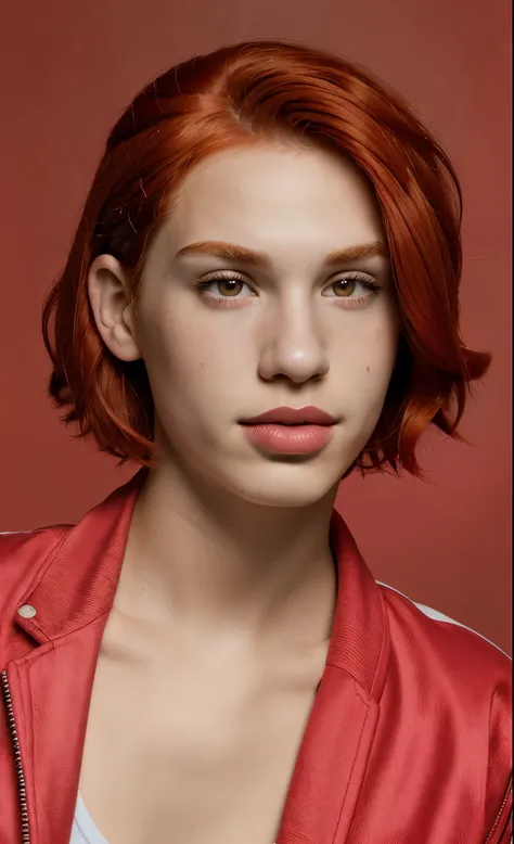 best quality, 1boy, solo, cartoon portrait ,  background,  short hair,   pink lips, red hair, wearing red varsity jacket