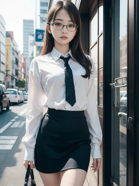 alone、solo、OL in her 20s in office uniform posing for a photo、victory、Tsundere、Single knot、OL、suit、blue mini skirt、anger、small、Glasses、slim girl model photo、physical:the smallest middle-aged man in history、female model、Japanese female fashion model、(8k、RAW...