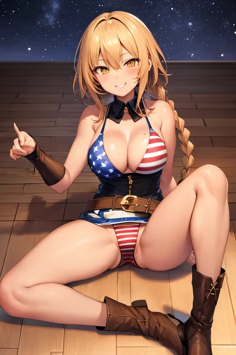 2D，highest quality，one girl，tea hair，braid hair，Brown Hot Pants，Skin Belt，high boots，have，Smilingly，wink，Bruise and cuteness，stars and stripes bikini，risqué pose，attractive thighs，brown skin，stick out your butt，Brown Hot Pants，veneer floor，Absolute area，Re...