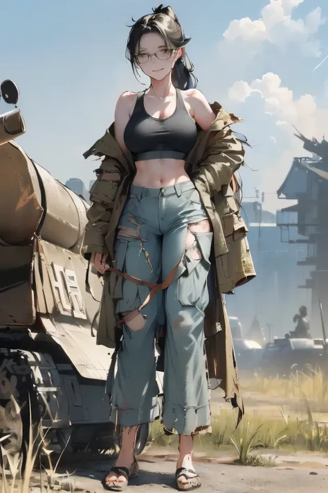 ((wide angle image)), beautiful female veteran, black hair in a ponytail, bangs, wearing large glasses, covering a wound, injured, smiling confidently, (((wearing a white military tank top, layered with a ww2 Oversized military shirt , wearing ww2 military...