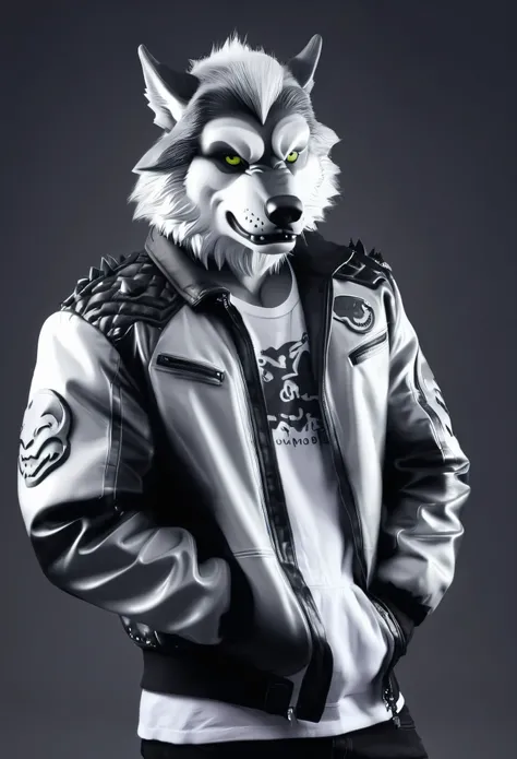 A cute wolf orc，Hair black and white gradient，wearing jacket，Muscular bust photo