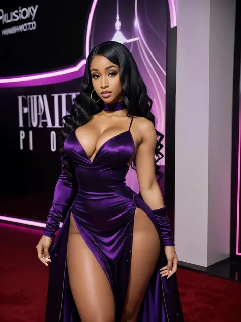 Foto hiperrealista en primer plano de Cardi B, masterpiece, best quality, (photorealistic:1.4), full body, (hyper classy purple dress gala clothes:1.1), black long loose curls, professionally posing in a gala, on a red carpet, neons, cinematic light, beaut...